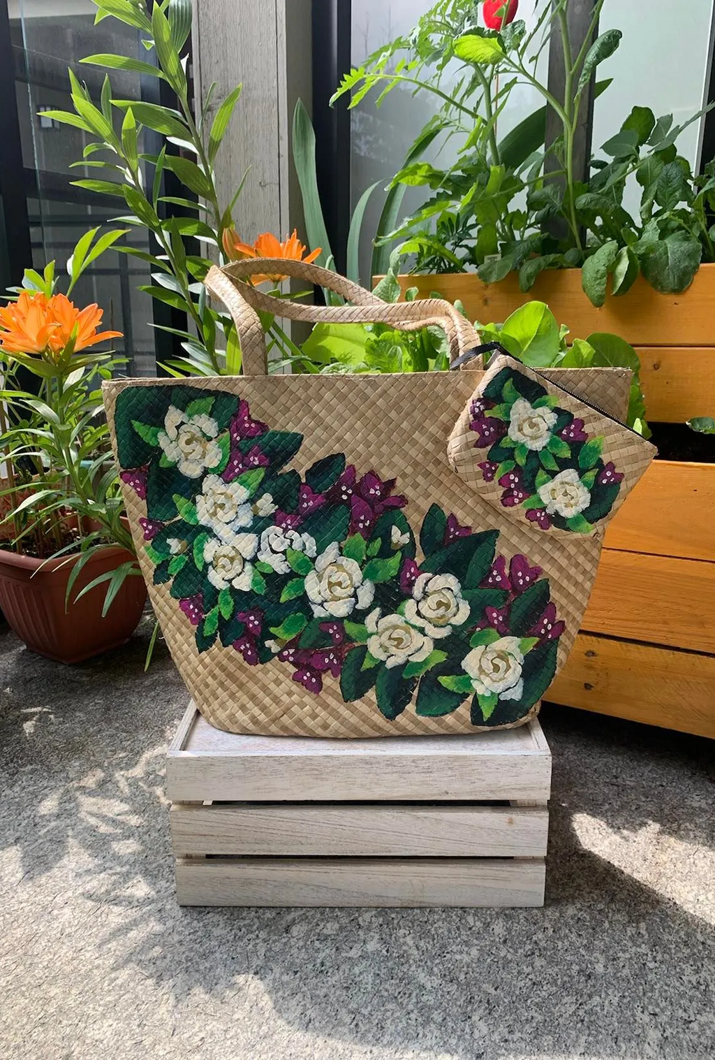 Hand-painted Buri Shoulder Bag with Wallet