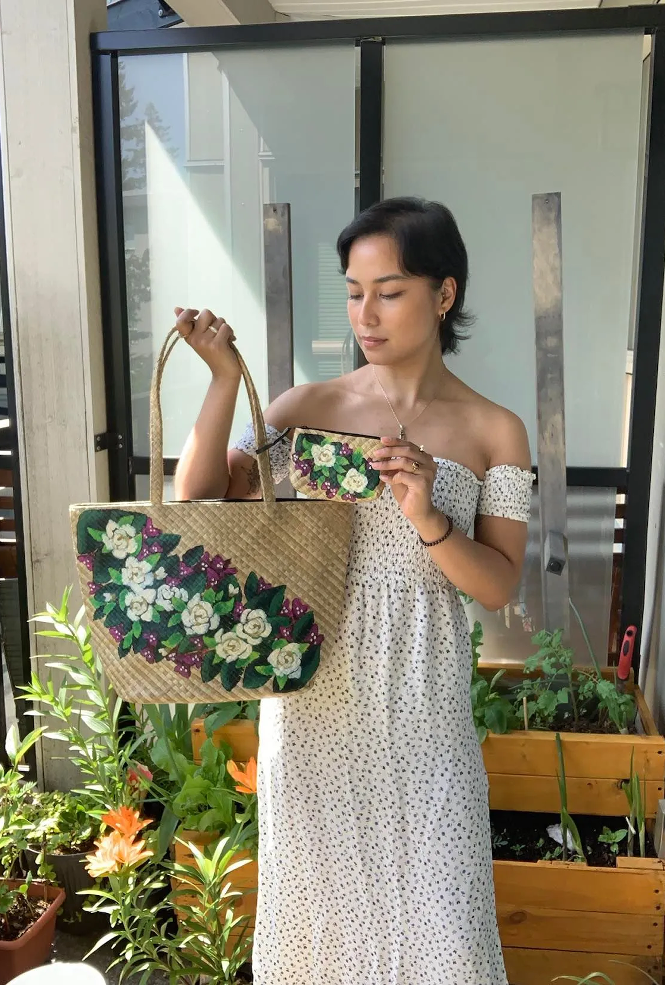 Hand-painted Buri Shoulder Bag with Wallet